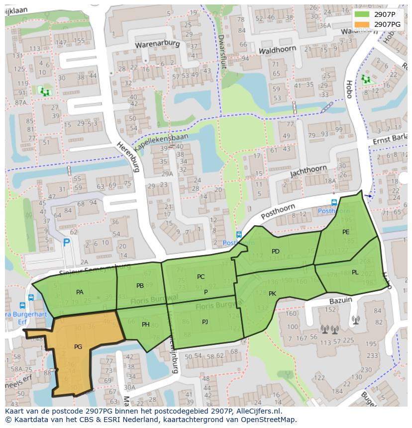 Afbeelding van het postcodegebied 2907 PG op de kaart.