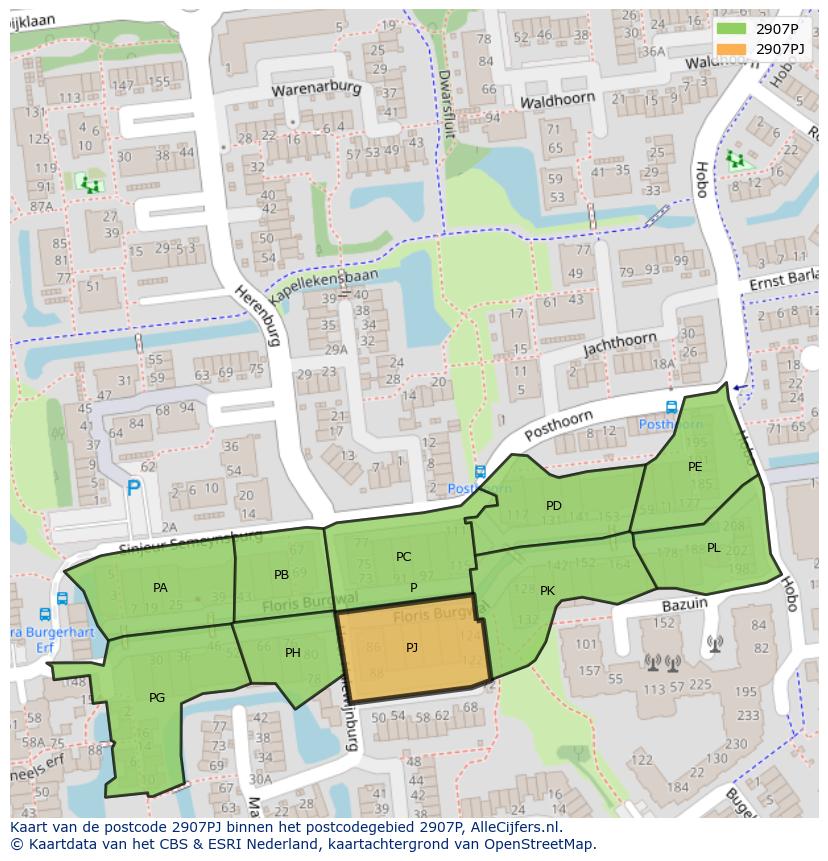 Afbeelding van het postcodegebied 2907 PJ op de kaart.