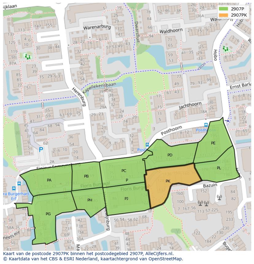 Afbeelding van het postcodegebied 2907 PK op de kaart.