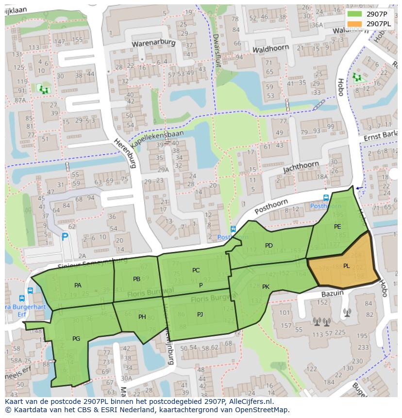 Afbeelding van het postcodegebied 2907 PL op de kaart.