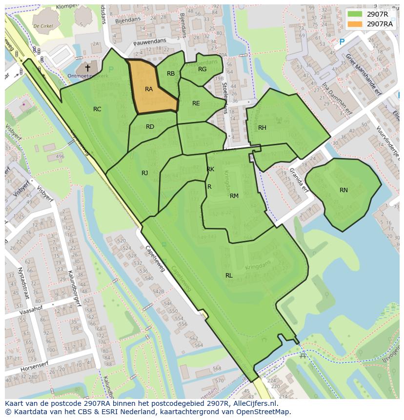 Afbeelding van het postcodegebied 2907 RA op de kaart.
