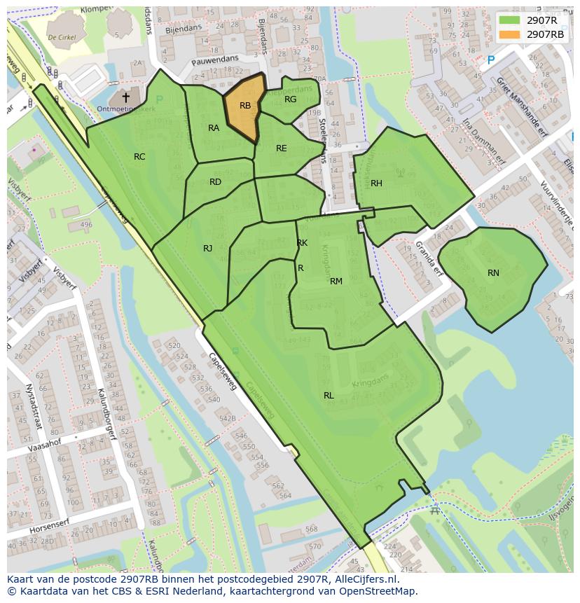 Afbeelding van het postcodegebied 2907 RB op de kaart.