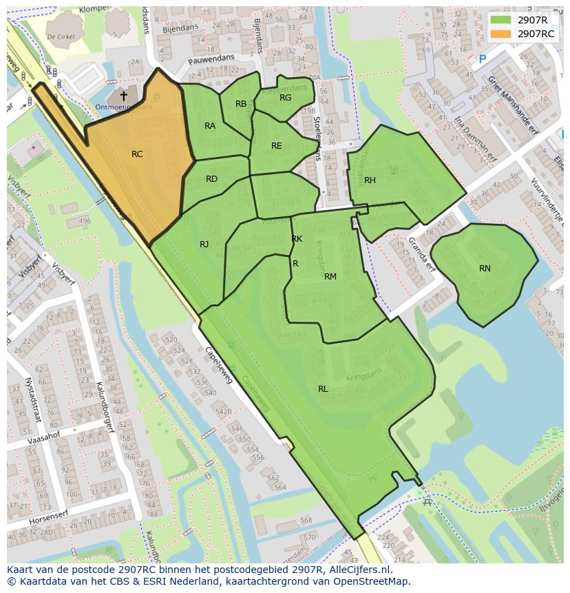 Afbeelding van het postcodegebied 2907 RC op de kaart.