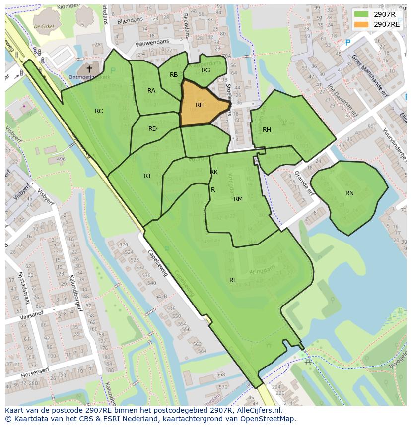 Afbeelding van het postcodegebied 2907 RE op de kaart.