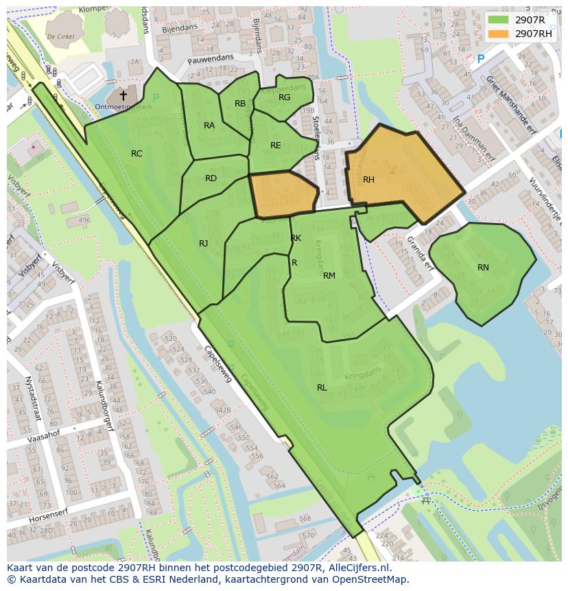 Afbeelding van het postcodegebied 2907 RH op de kaart.