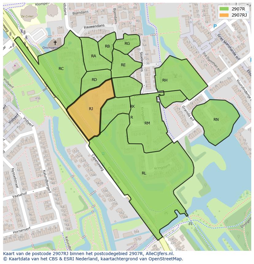 Afbeelding van het postcodegebied 2907 RJ op de kaart.