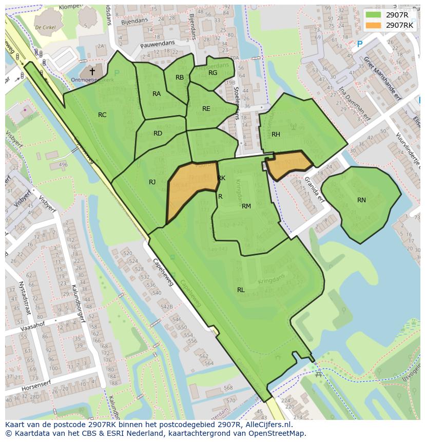 Afbeelding van het postcodegebied 2907 RK op de kaart.