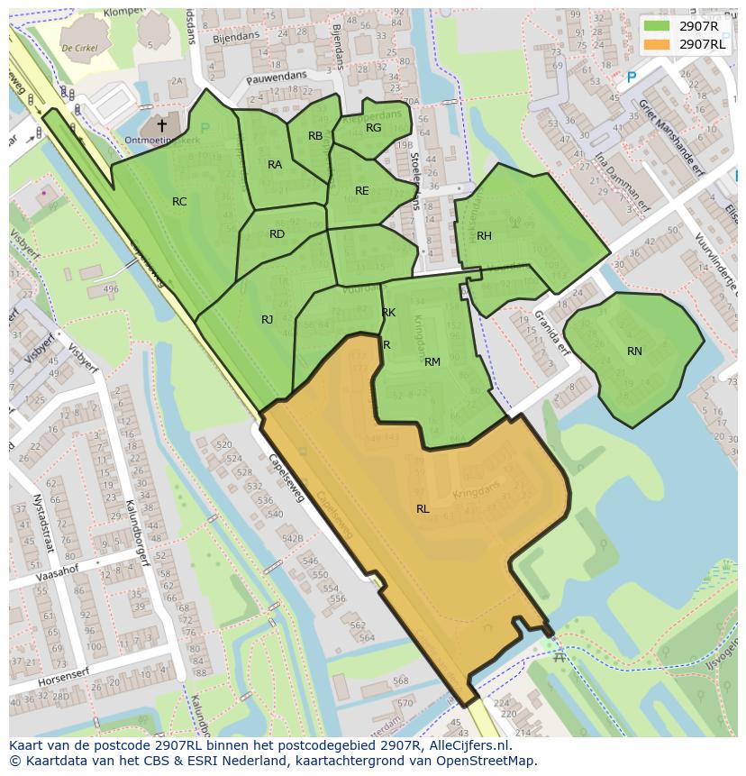Afbeelding van het postcodegebied 2907 RL op de kaart.