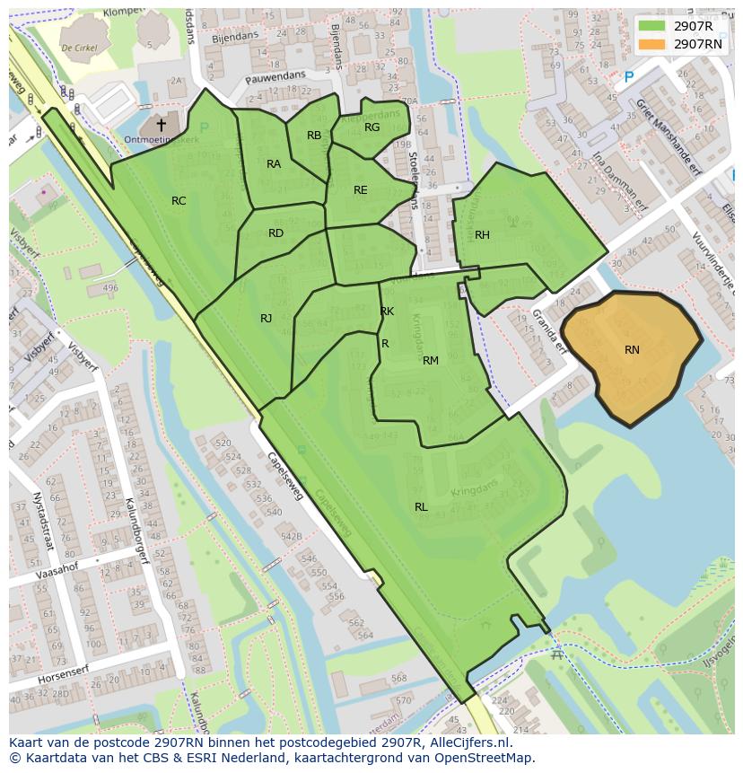 Afbeelding van het postcodegebied 2907 RN op de kaart.