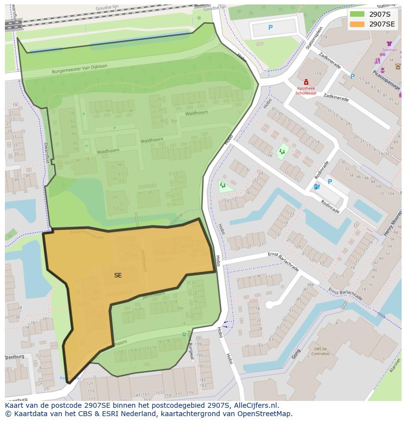 Afbeelding van het postcodegebied 2907 SE op de kaart.