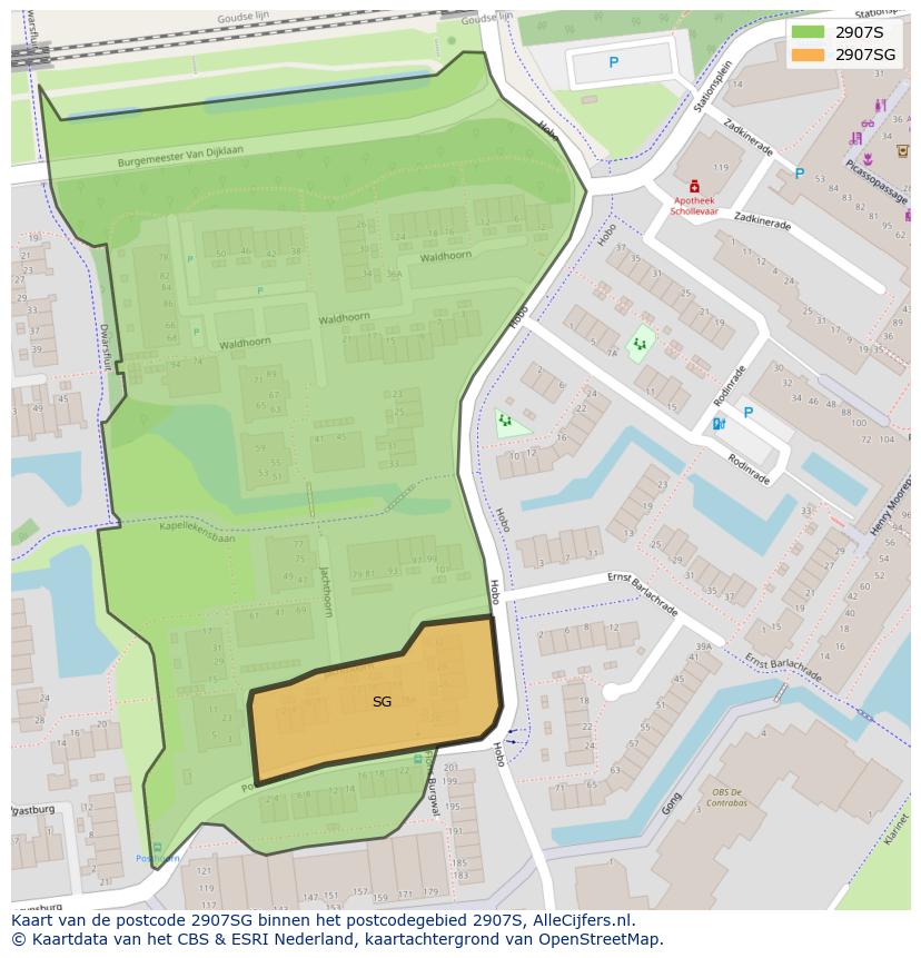 Afbeelding van het postcodegebied 2907 SG op de kaart.