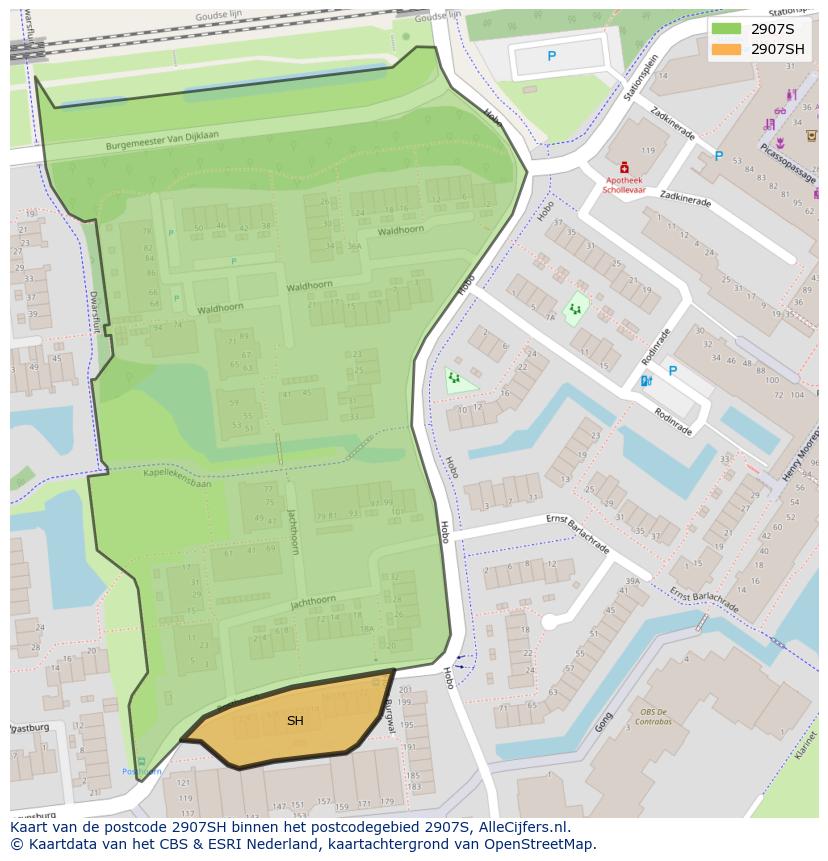 Afbeelding van het postcodegebied 2907 SH op de kaart.