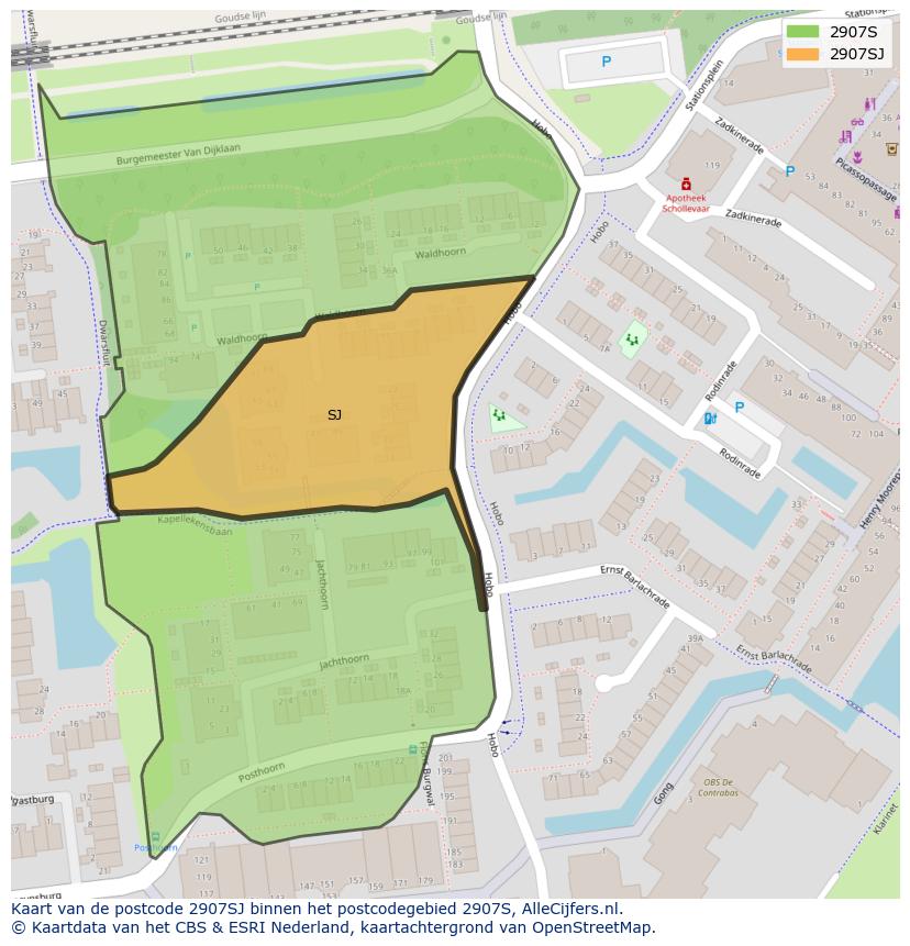 Afbeelding van het postcodegebied 2907 SJ op de kaart.