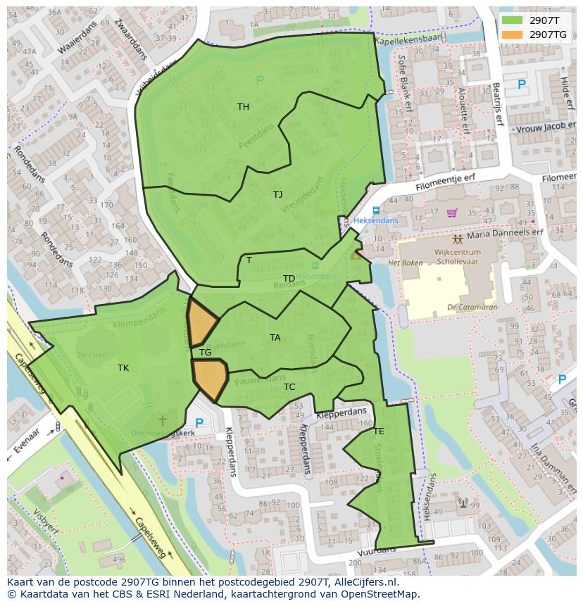 Afbeelding van het postcodegebied 2907 TG op de kaart.