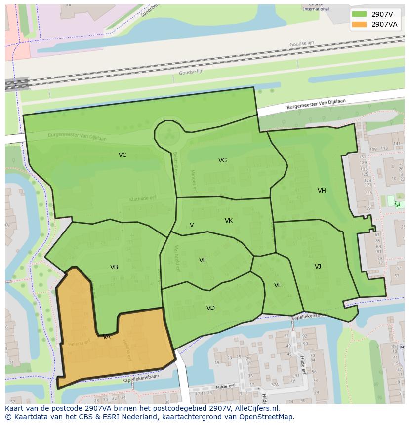 Afbeelding van het postcodegebied 2907 VA op de kaart.