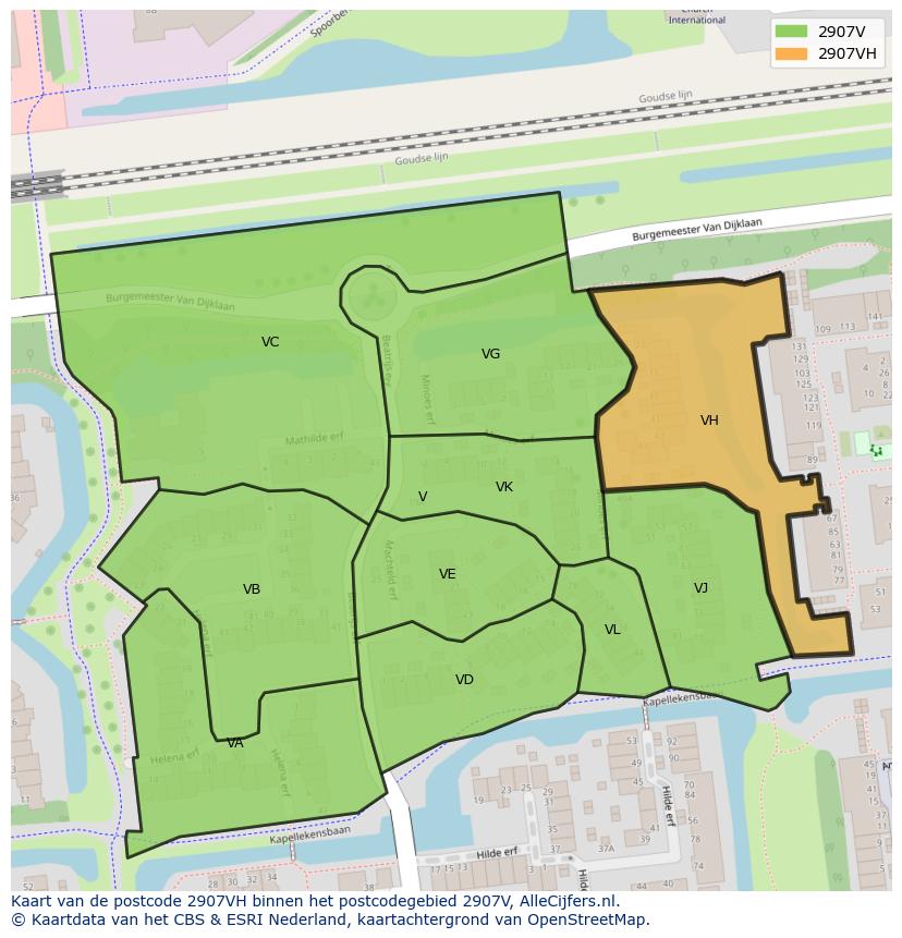 Afbeelding van het postcodegebied 2907 VH op de kaart.