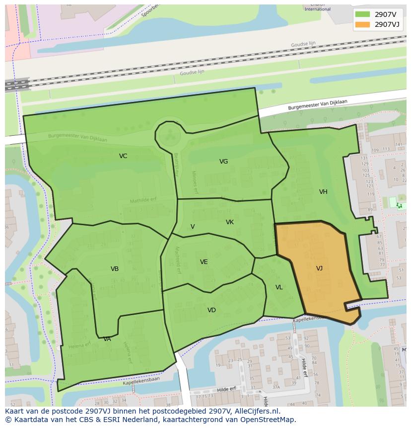 Afbeelding van het postcodegebied 2907 VJ op de kaart.