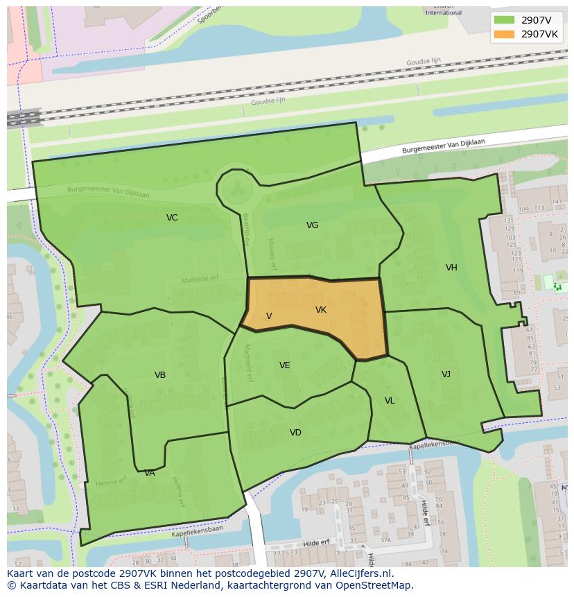 Afbeelding van het postcodegebied 2907 VK op de kaart.