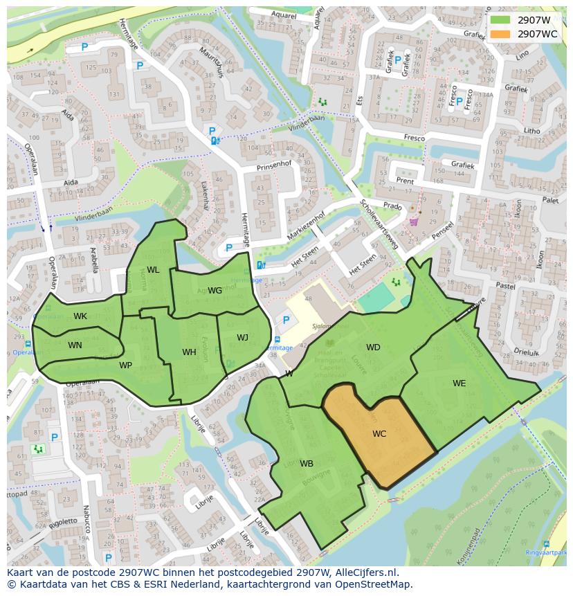 Afbeelding van het postcodegebied 2907 WC op de kaart.