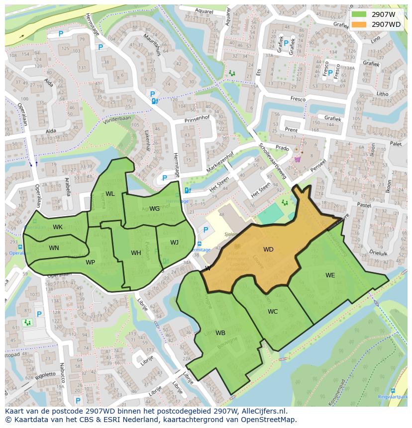 Afbeelding van het postcodegebied 2907 WD op de kaart.