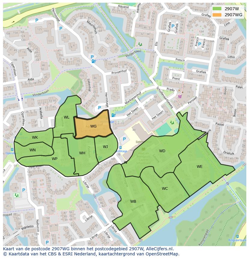 Afbeelding van het postcodegebied 2907 WG op de kaart.