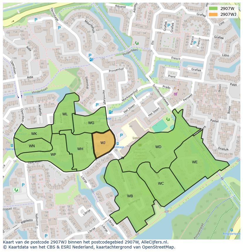 Afbeelding van het postcodegebied 2907 WJ op de kaart.
