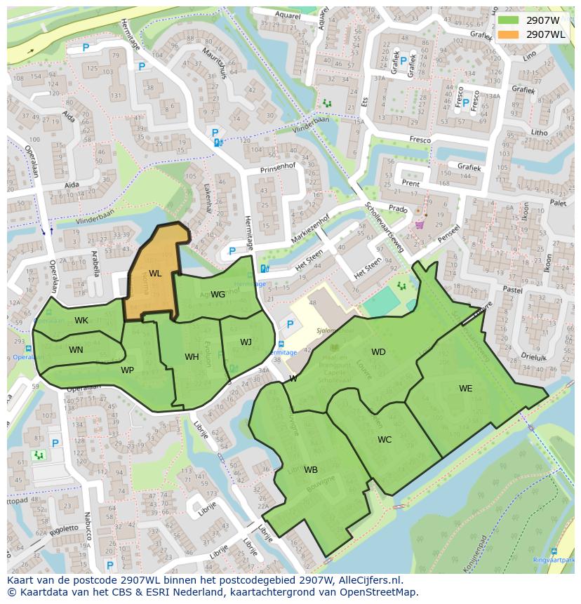Afbeelding van het postcodegebied 2907 WL op de kaart.