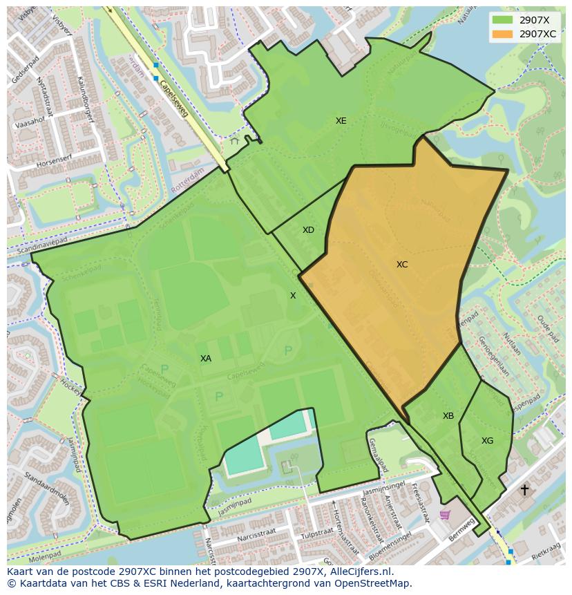 Afbeelding van het postcodegebied 2907 XC op de kaart.