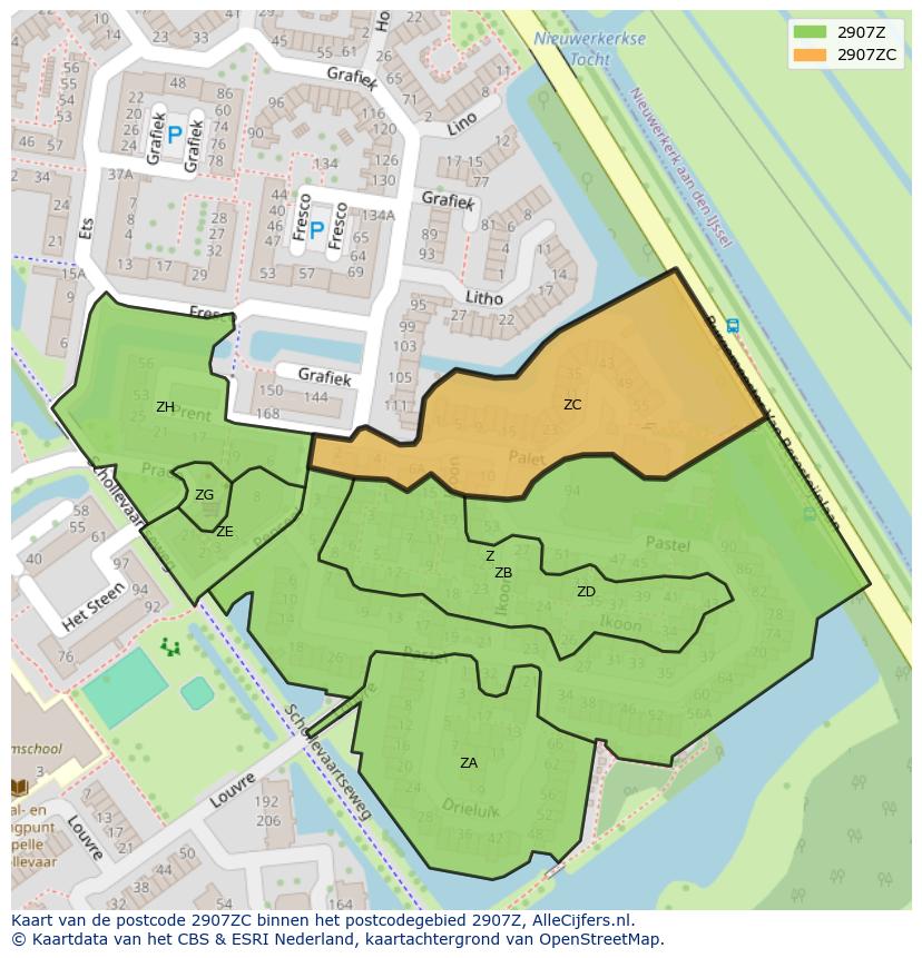 Afbeelding van het postcodegebied 2907 ZC op de kaart.