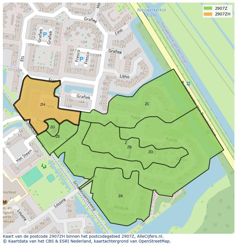 Afbeelding van het postcodegebied 2907 ZH op de kaart.