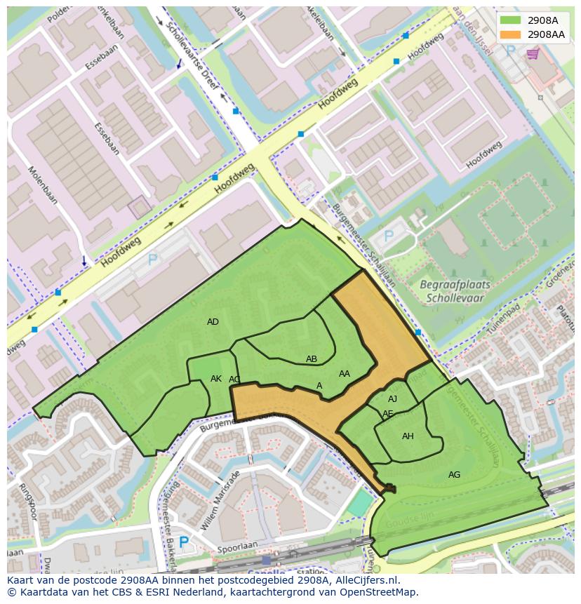 Afbeelding van het postcodegebied 2908 AA op de kaart.