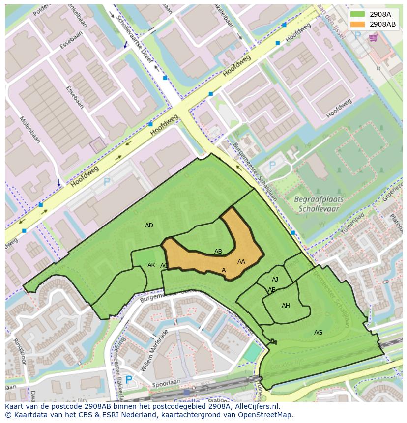 Afbeelding van het postcodegebied 2908 AB op de kaart.