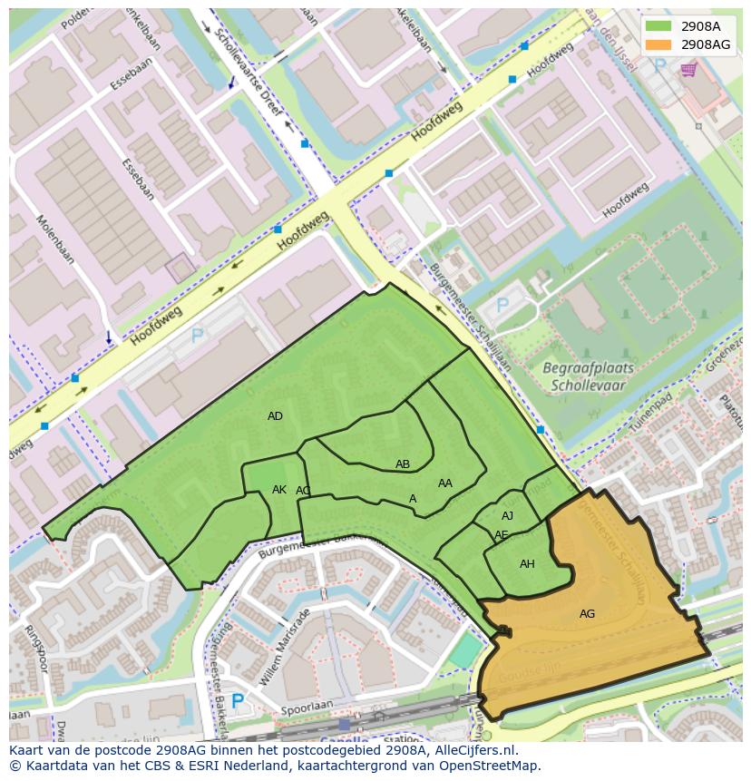 Afbeelding van het postcodegebied 2908 AG op de kaart.