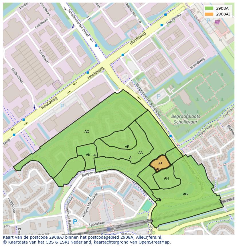 Afbeelding van het postcodegebied 2908 AJ op de kaart.