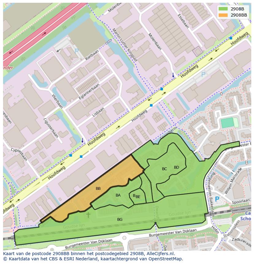 Afbeelding van het postcodegebied 2908 BB op de kaart.