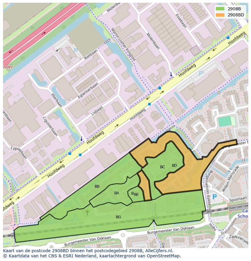 Afbeelding van het postcodegebied 2908 BD op de kaart.