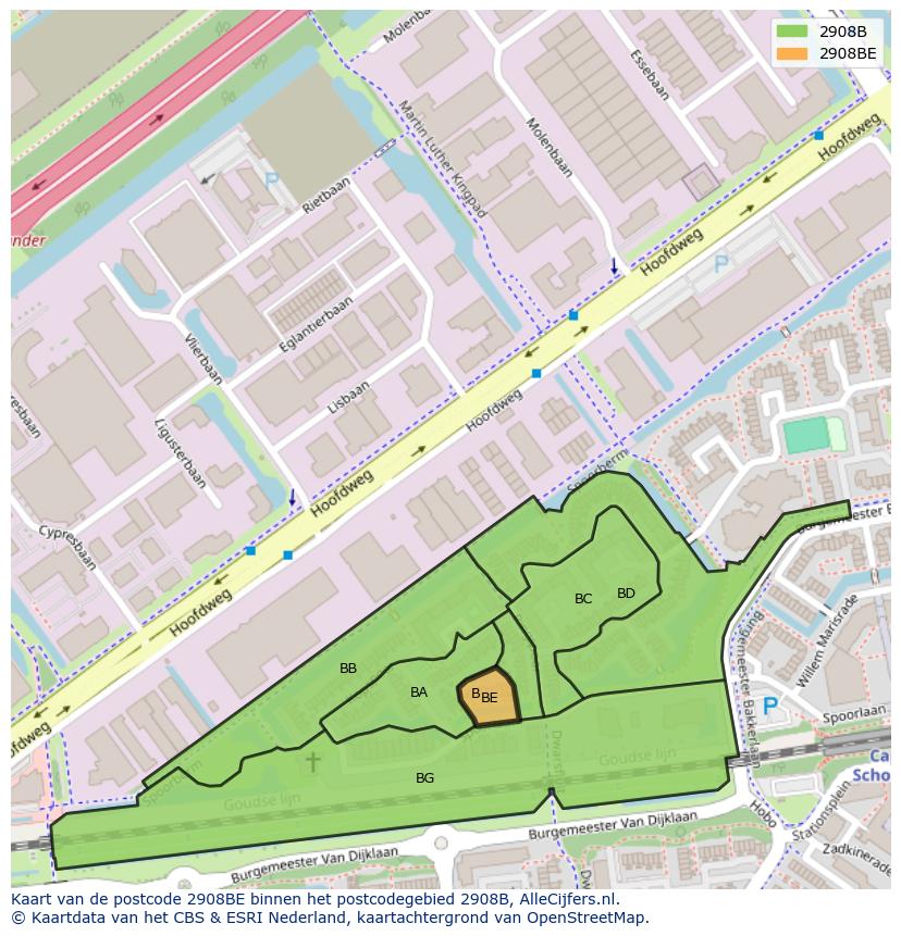 Afbeelding van het postcodegebied 2908 BE op de kaart.