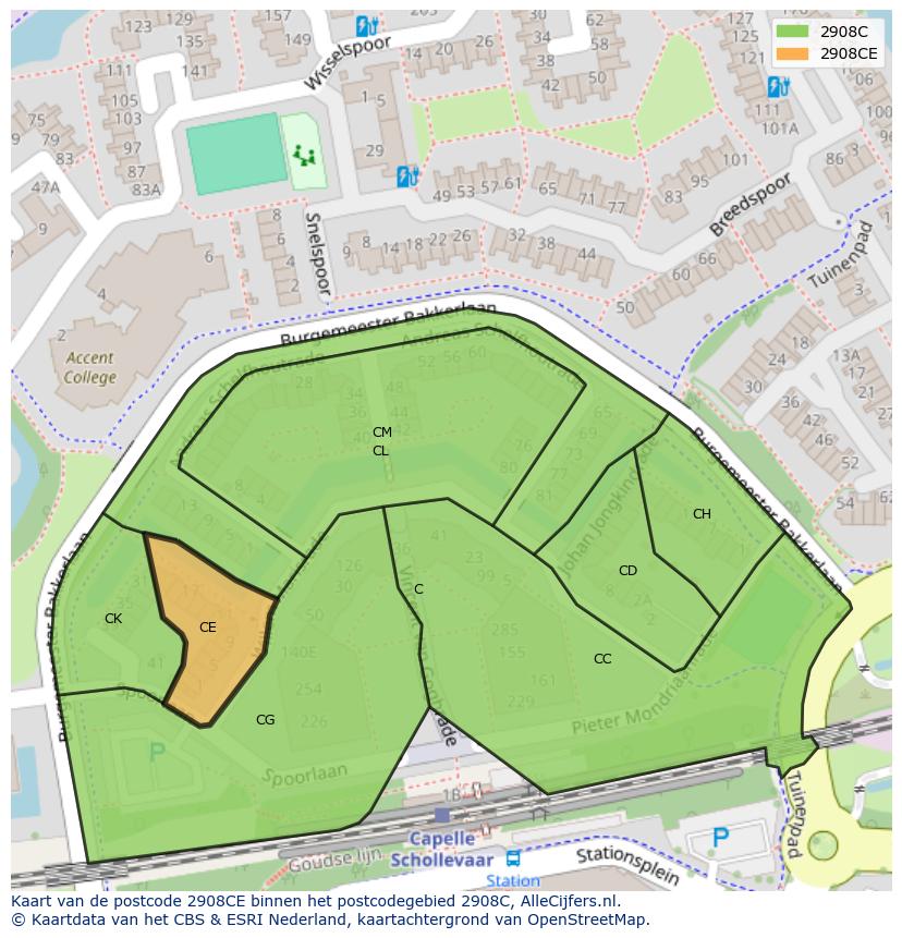 Afbeelding van het postcodegebied 2908 CE op de kaart.