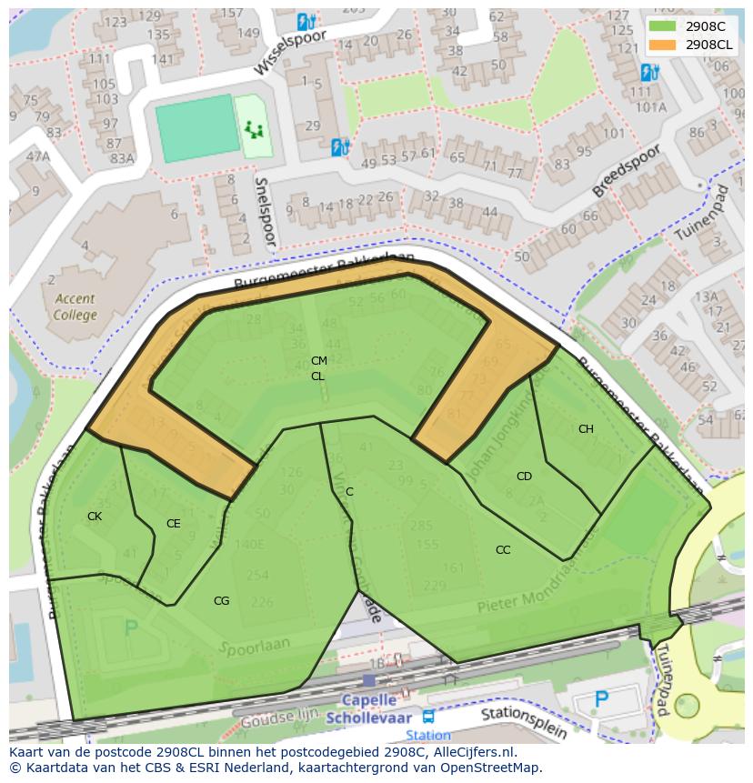 Afbeelding van het postcodegebied 2908 CL op de kaart.