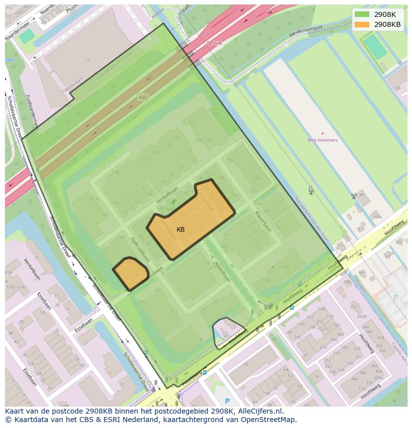 Afbeelding van het postcodegebied 2908 KB op de kaart.