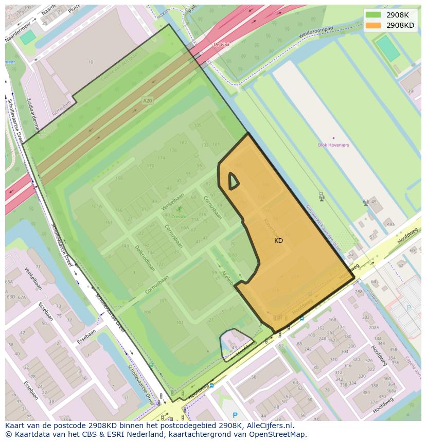 Afbeelding van het postcodegebied 2908 KD op de kaart.