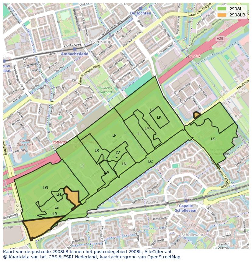 Afbeelding van het postcodegebied 2908 LB op de kaart.