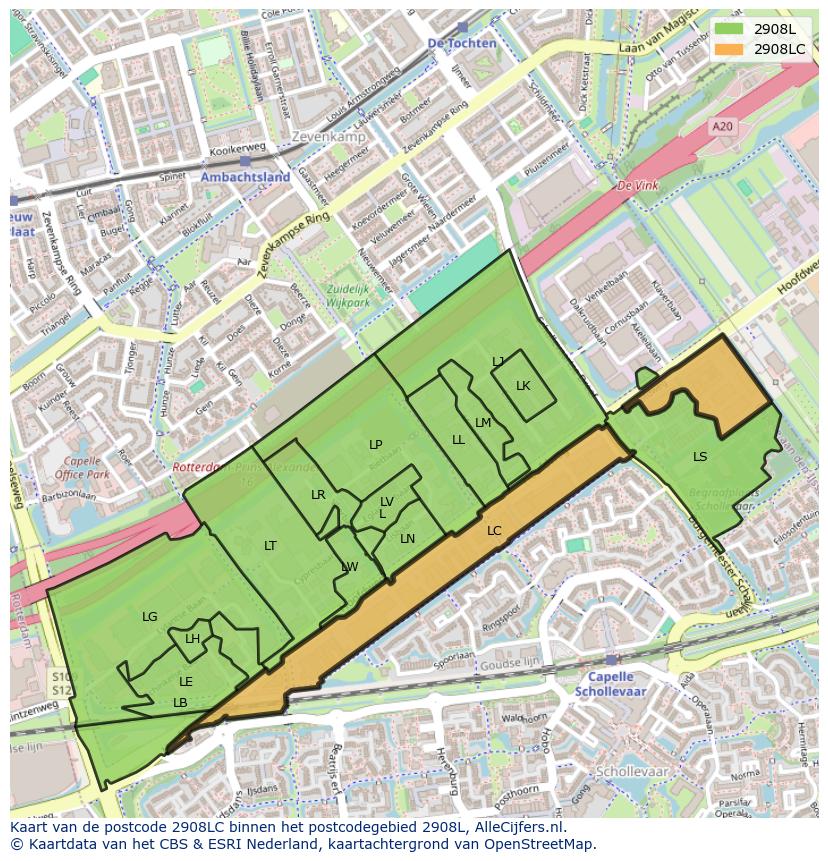Afbeelding van het postcodegebied 2908 LC op de kaart.