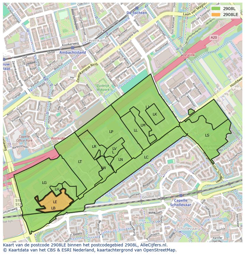 Afbeelding van het postcodegebied 2908 LE op de kaart.