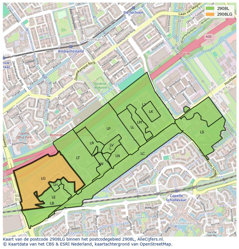 Afbeelding van het postcodegebied 2908 LG op de kaart.