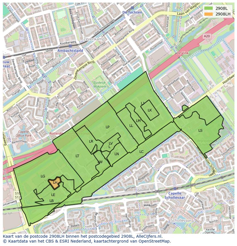 Afbeelding van het postcodegebied 2908 LH op de kaart.
