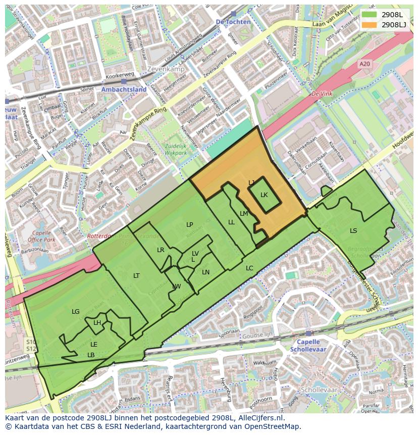 Afbeelding van het postcodegebied 2908 LJ op de kaart.