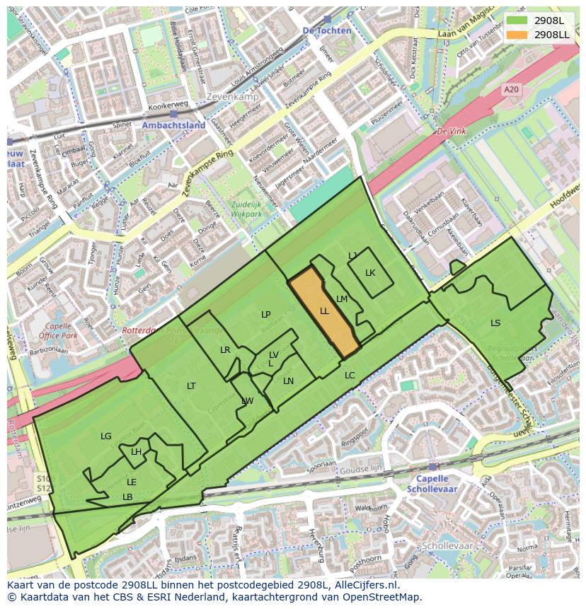 Afbeelding van het postcodegebied 2908 LL op de kaart.