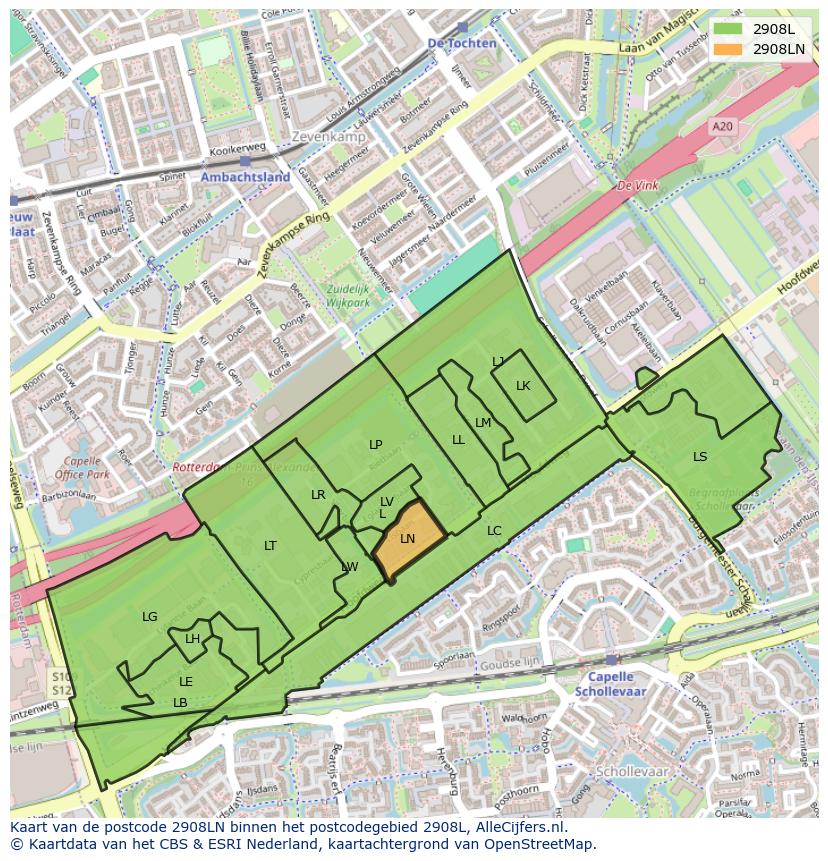 Afbeelding van het postcodegebied 2908 LN op de kaart.