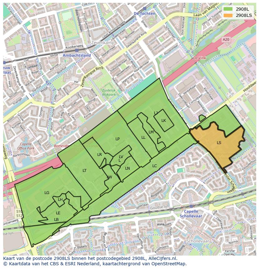 Afbeelding van het postcodegebied 2908 LS op de kaart.